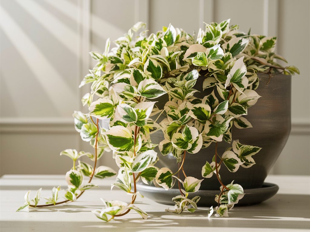 A-pot-with-variegated-Wintercreeper-leaves-cascading-over-the-edge-showing-green-and-white-foliage