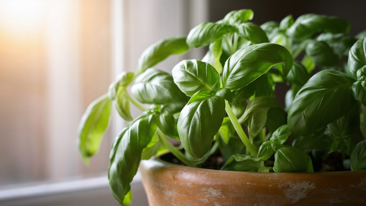 Basil-growing-in-a-small-pot-on-a-windowsill