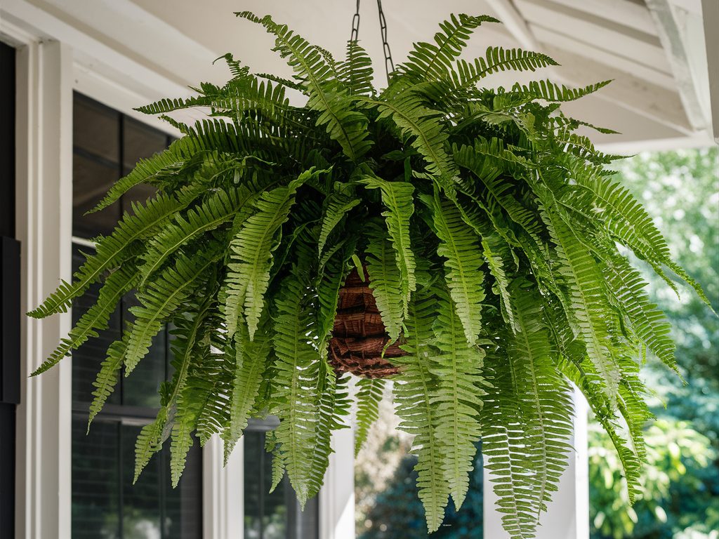 Boston Fern arching gracefully from a hanging basket in a shaded porch Boston-Fern-arching-gracefully-from-a-hanging-basket-in-a-shaded-porch.