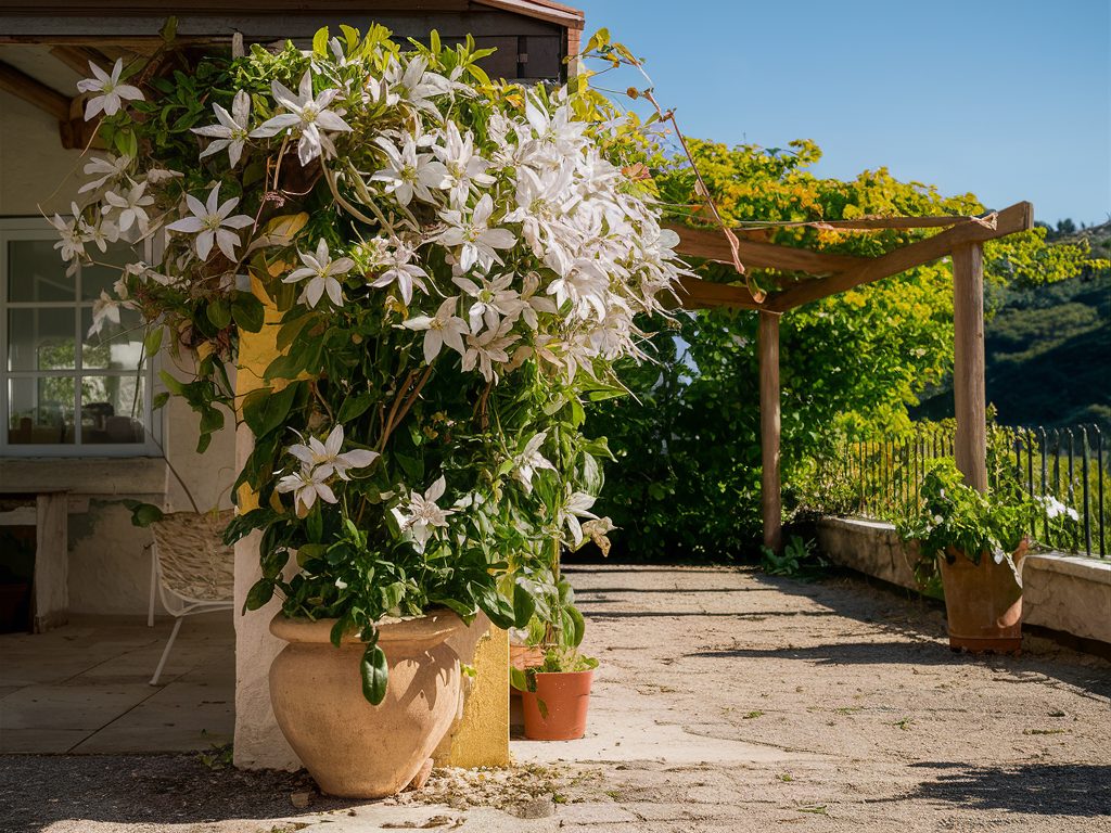 Clematis-with-its-large-showy-flowers-trailing-from-a-pot-on-a-sunny-patio