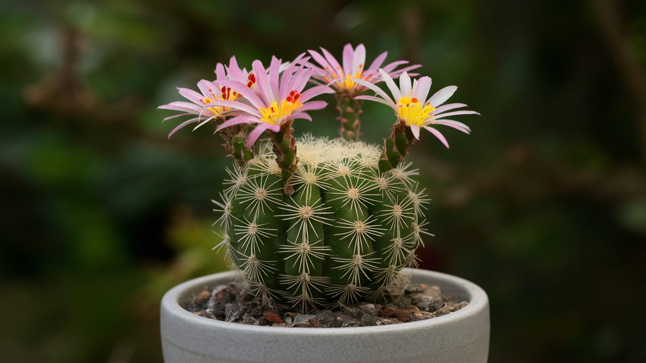 Echinopsis-cactus-houseplant-in-a-pot-with-colorful-flowers-and-spiky-leaves