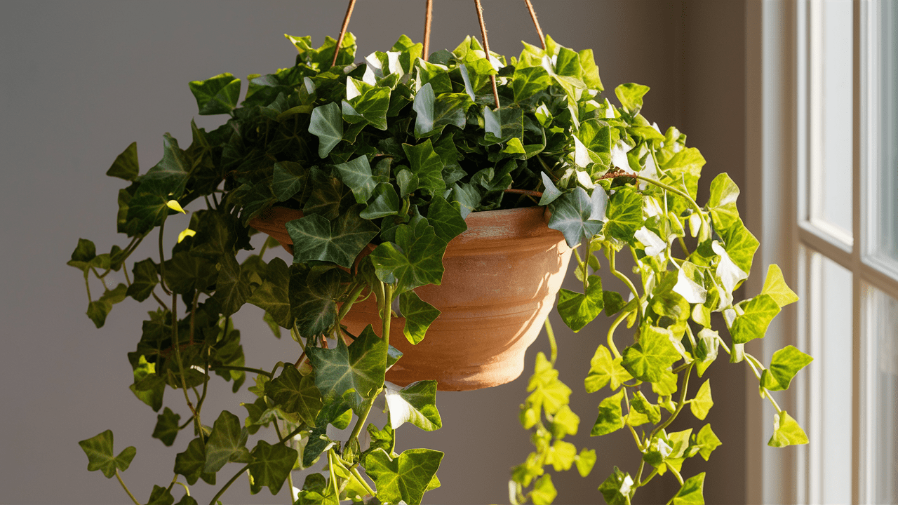 Evergreen English Ivy cascading in hanging basket