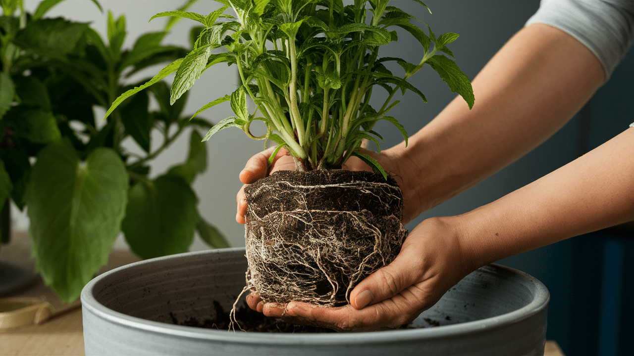 Repotting-spearmint-plants