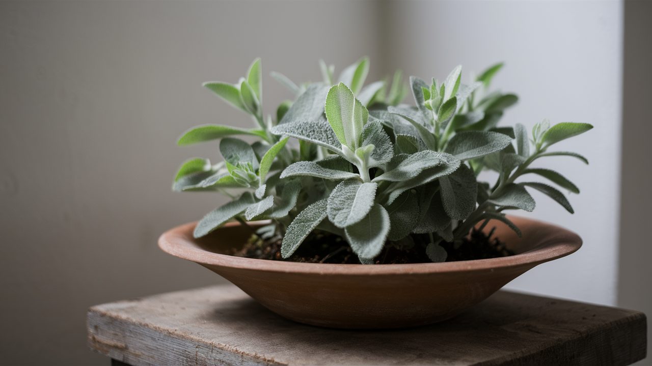 Sage-with-its-distinctive-leaves-in-a-shallow-pot