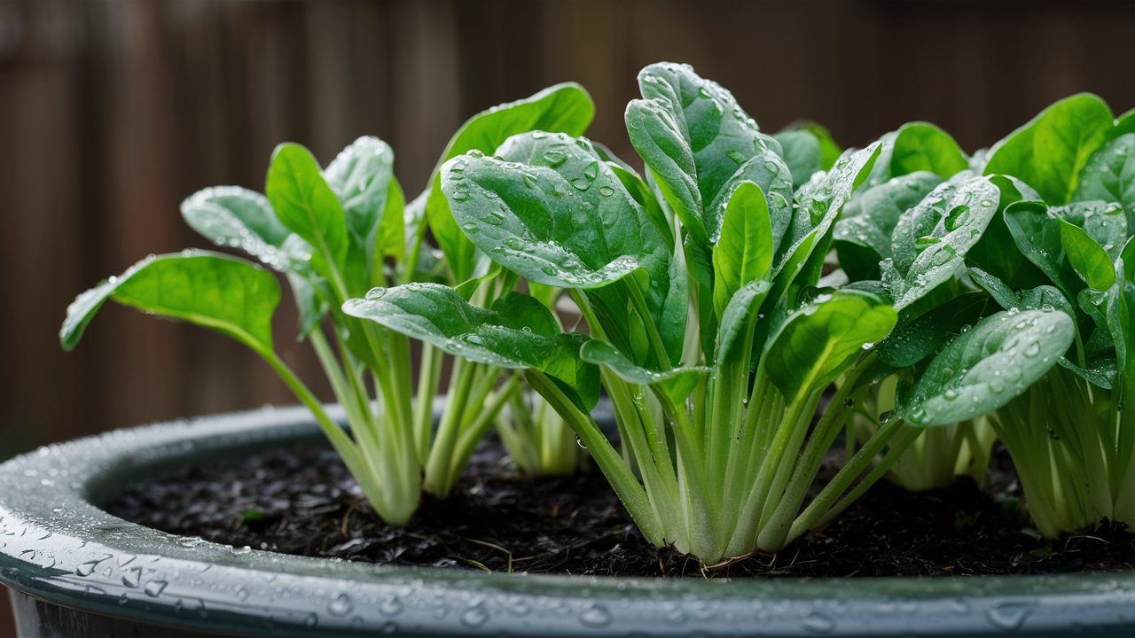 Spinach-in-a-pot-with-dewdrops-on-the-leaves
