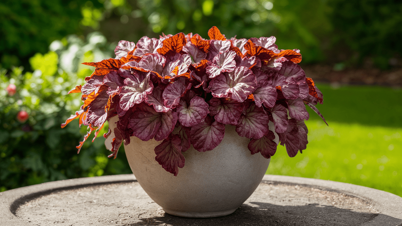 Heuchera plant trailing in a planter