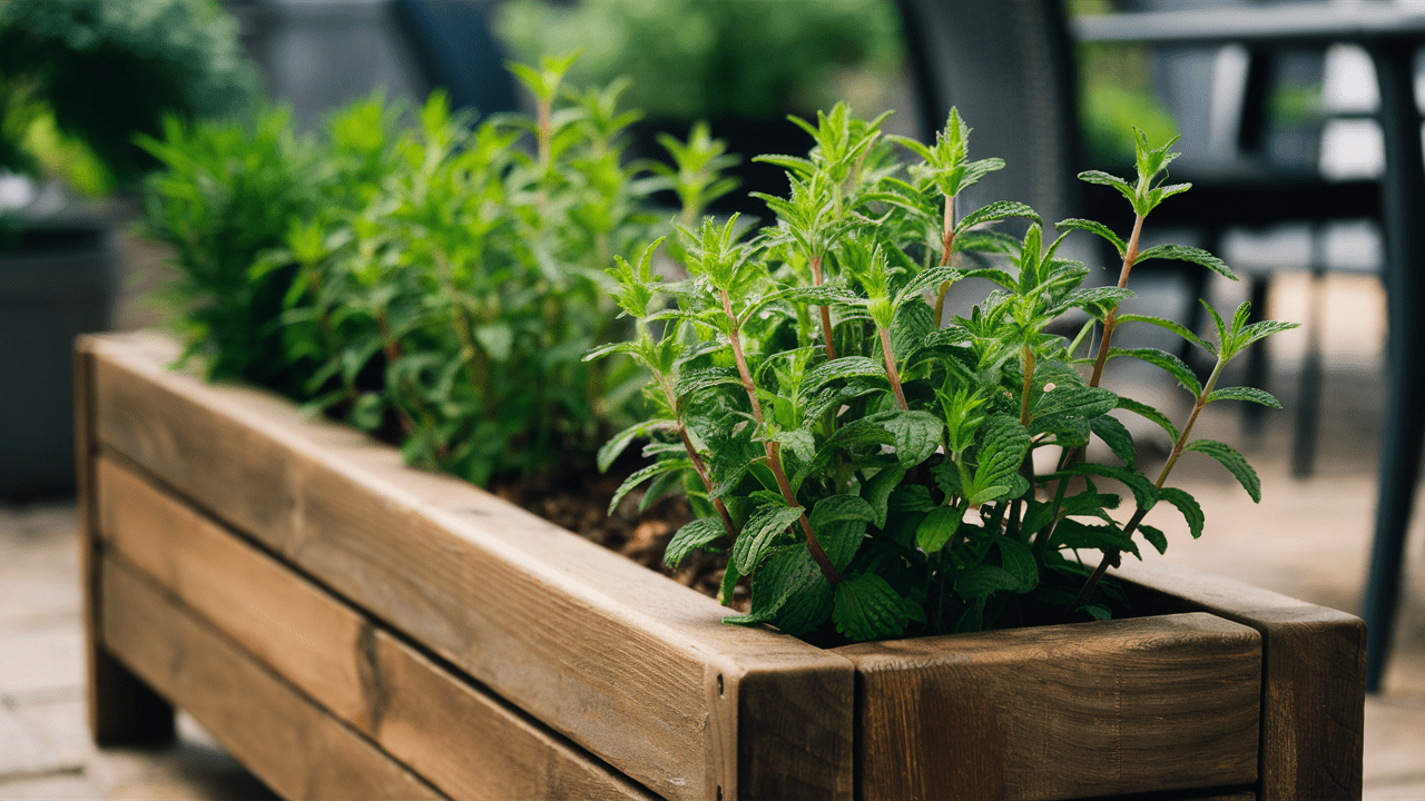 spearmint-plant-in-a-rectangular-planter in full sunlight