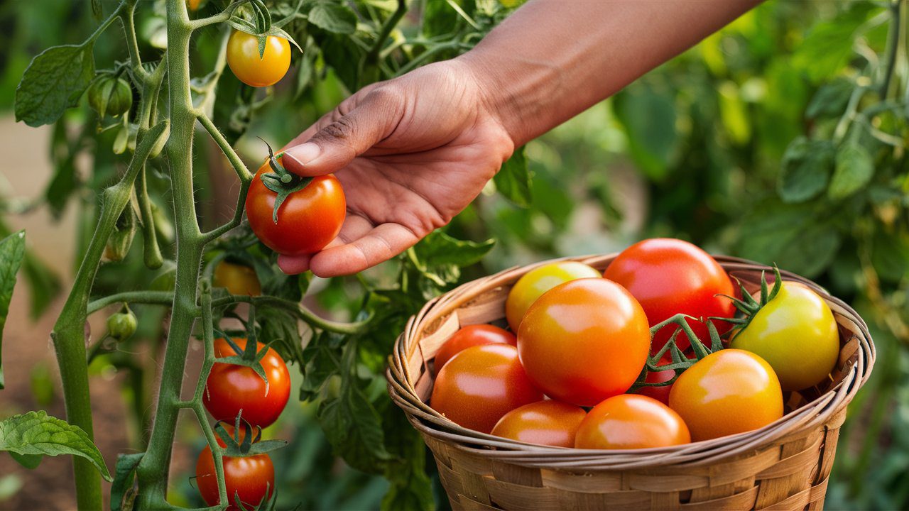 picking ripe cherry tomato