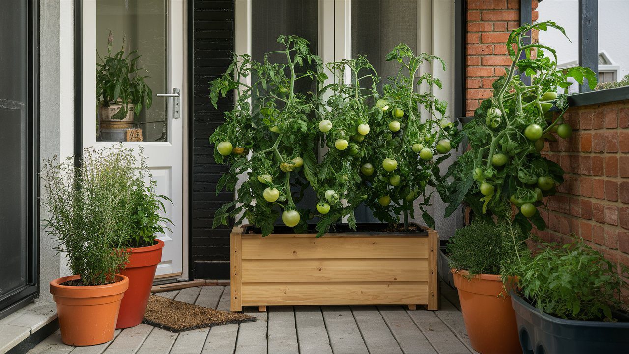 patio with pots of lush green tomato plants, some with ripe red tomatoes hanging