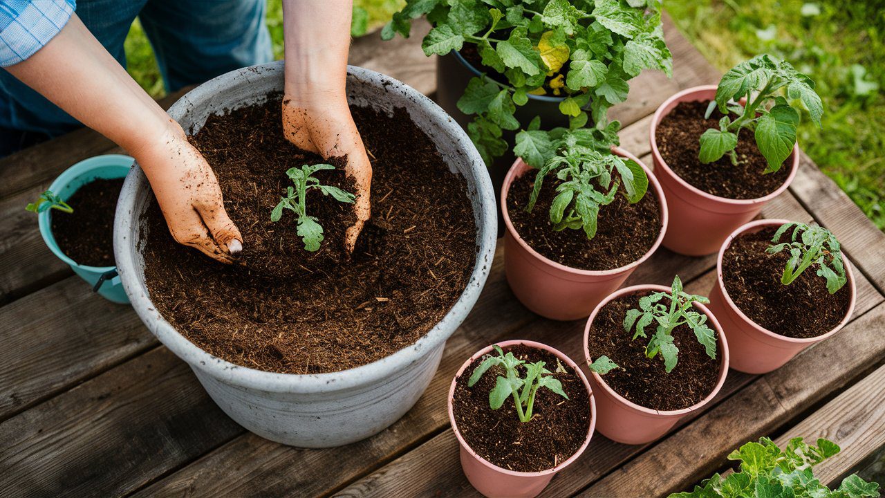 transplanting cherry tomato seedlings into different pots