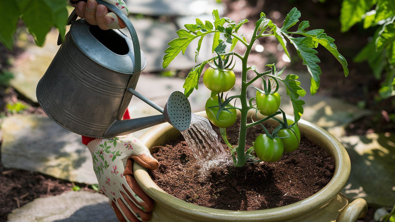 watering-cherry-tomatoes in-container