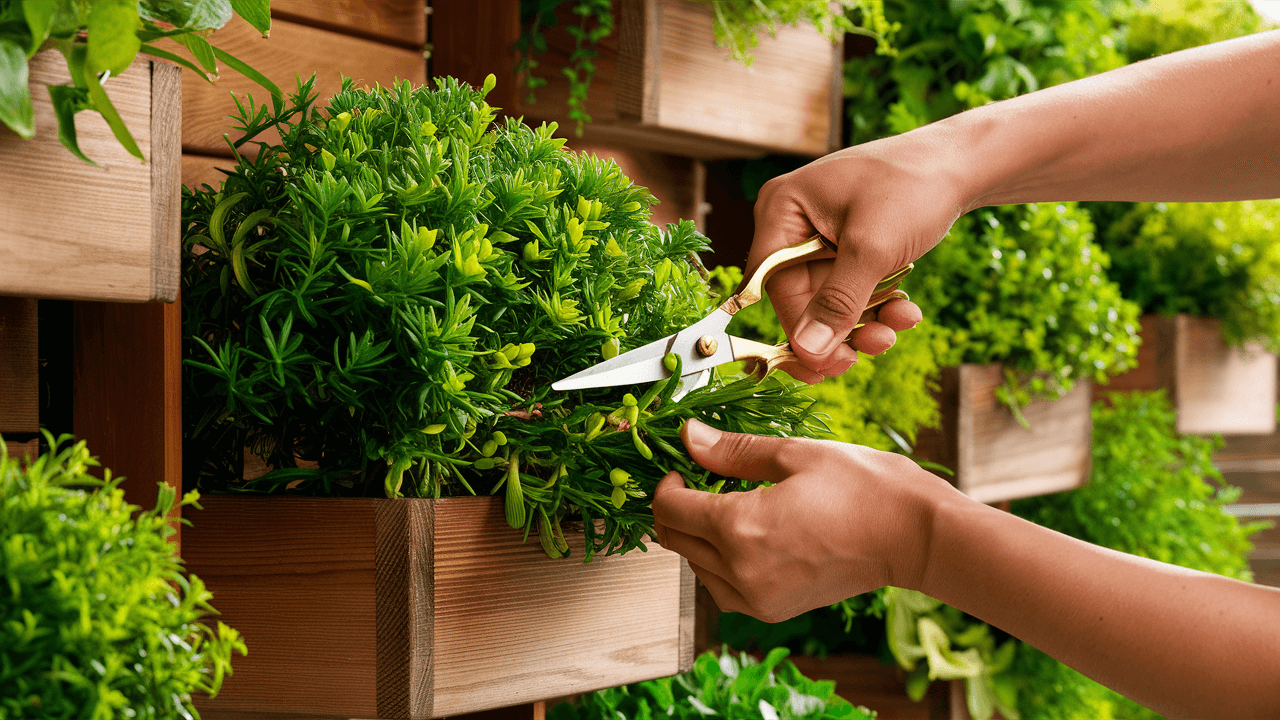 A person pruning plants in an indoor vertical garden. A-person-pruning-plants-in-an-indoor-vertical-garden