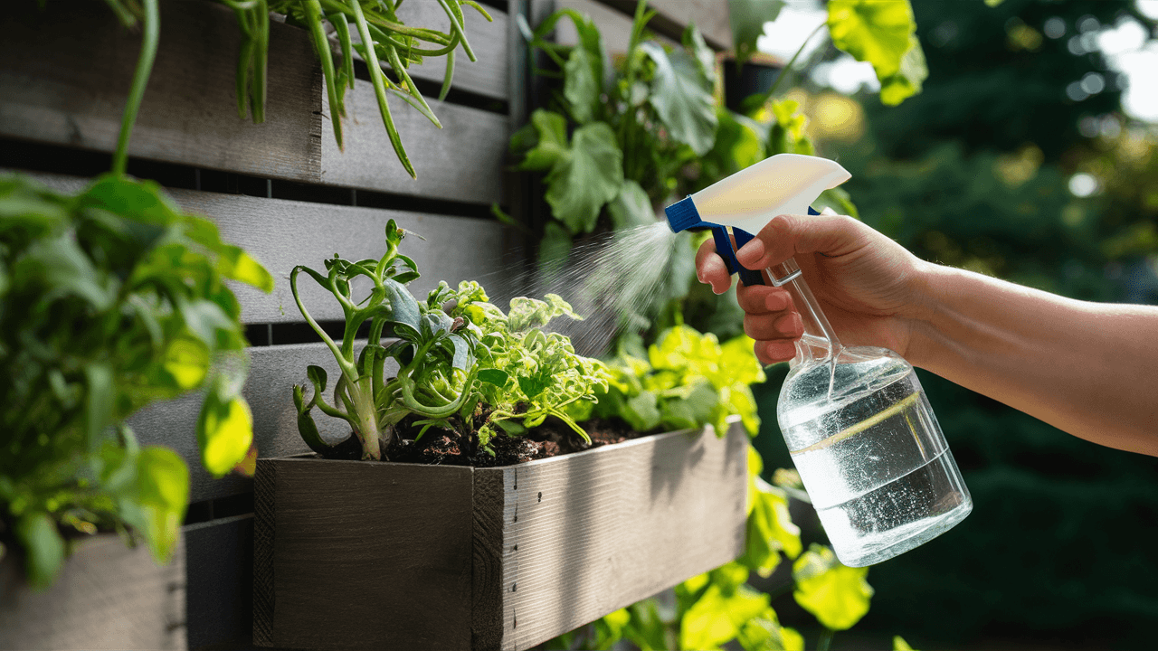 A person watering an indoor vertical garden using a spray bottle A-person-watering-an-indoor-vertical-garden-using-a-spray-bottle