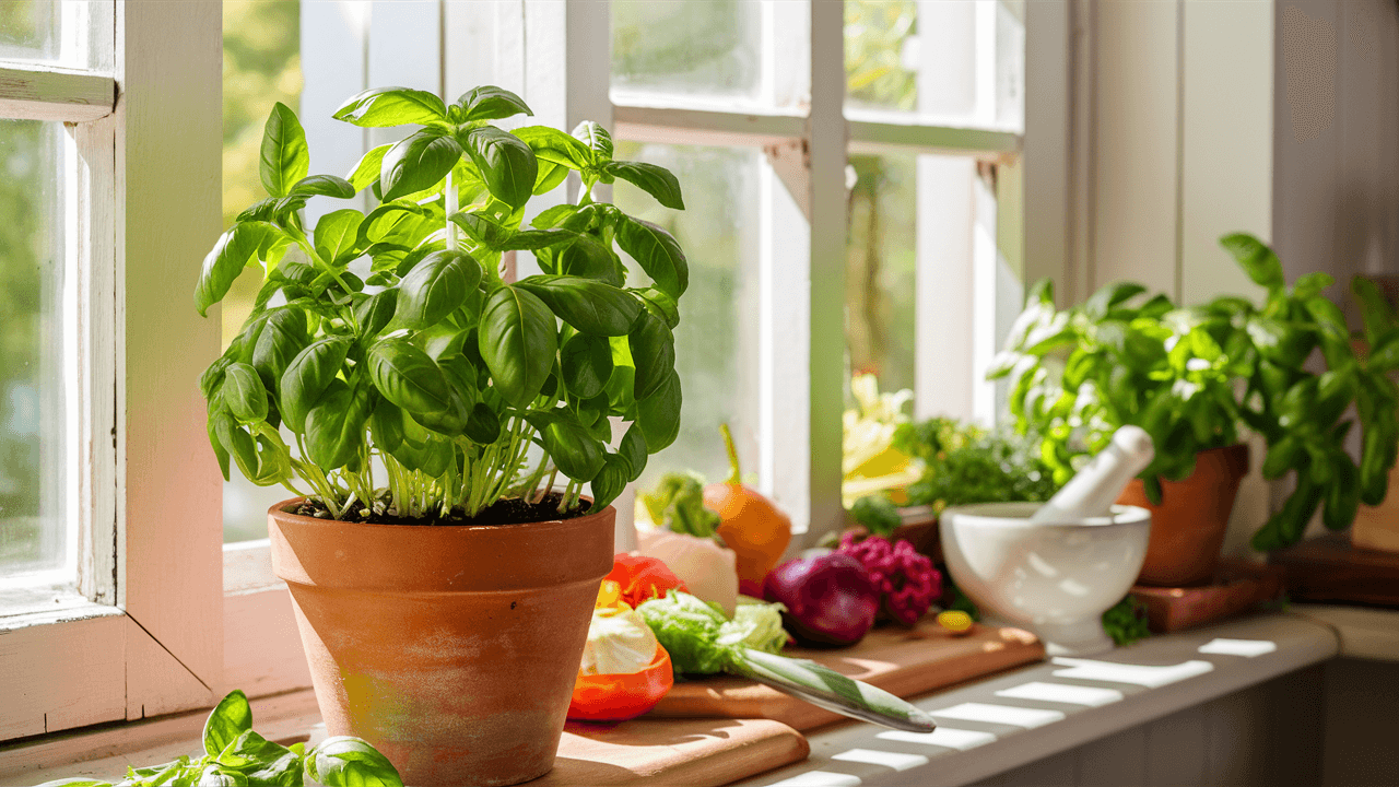 Basil-plant-in-a-pot-on-a-kitchen-windowsill