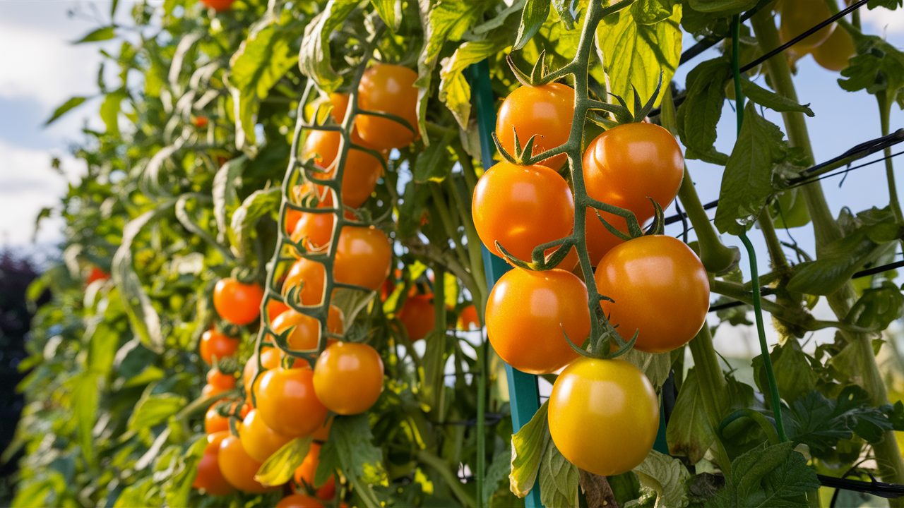 Sungold-cherry-tomatoes-climbing-up-a-trellis