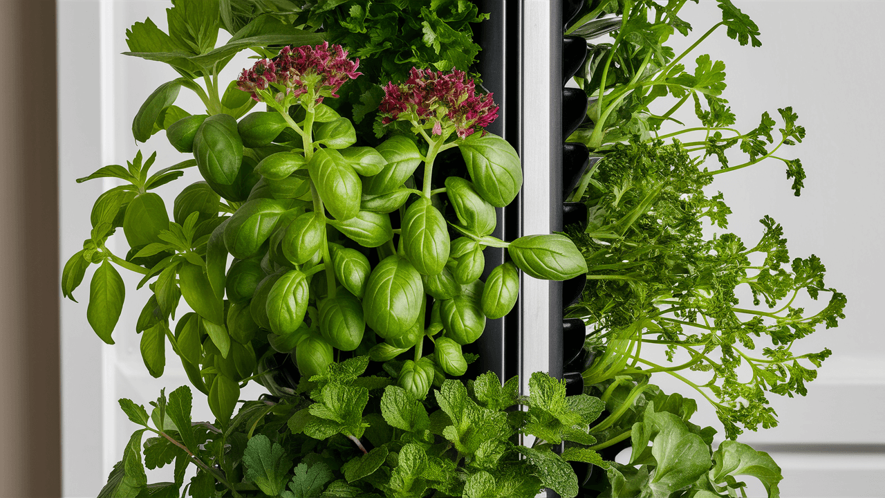 Close-up of herbs like basil, parsley, and mint in a vertical planter Close-up-of-herbs-like-basil-parsley-and-mint-in-a-vertical-planter