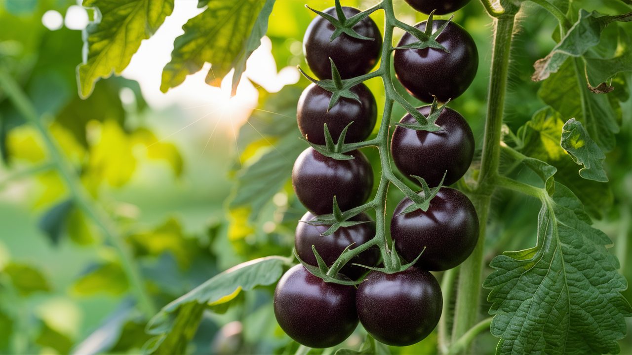 dark-purple-Black-Cherry-tomatoes-hanging-from-a-vine
