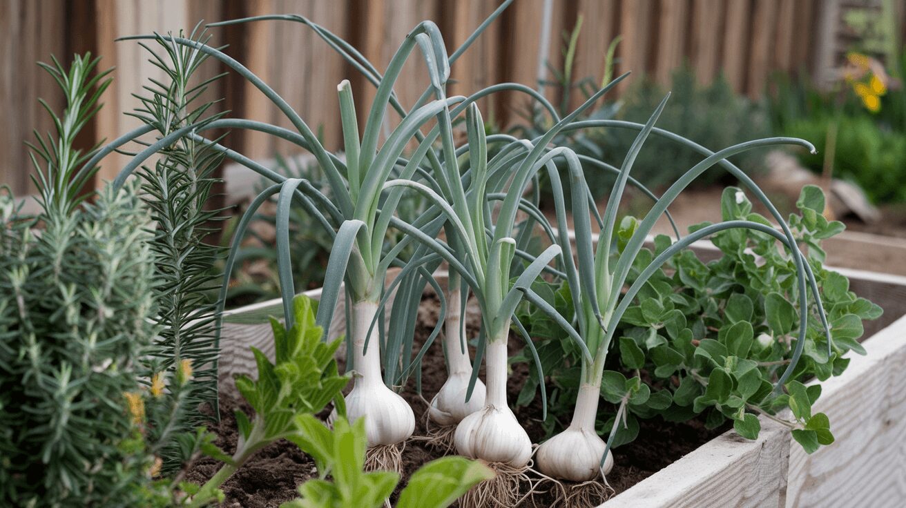 Garlic as companion plant with other herbs in a raised bed