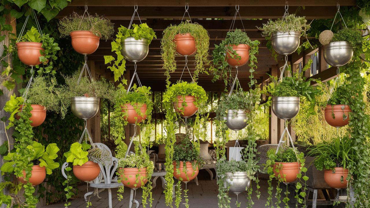 Hanging planters with cascading plants creating a vertical garden effect Hanging-planters-with-cascading-plants-creating-a-vertical-garden-effect