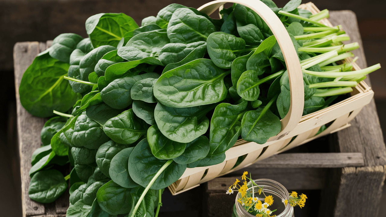 Harvested spinach leaves