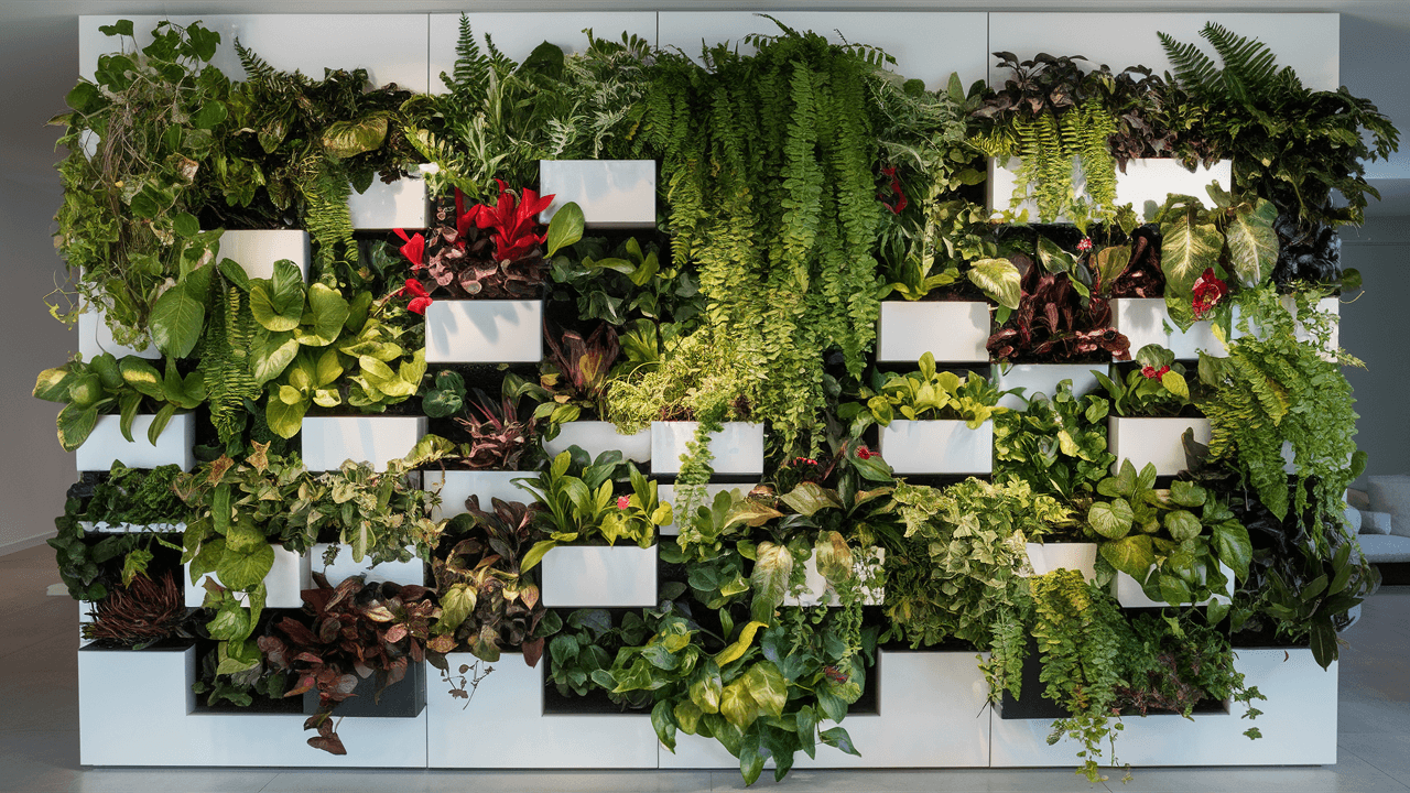 Indoor vertical garden -An assembled modular plant wall system with thriving plants. Indoor-vertical-garden-An-assembled-modular-plant-wall-system-with-thriving-plants