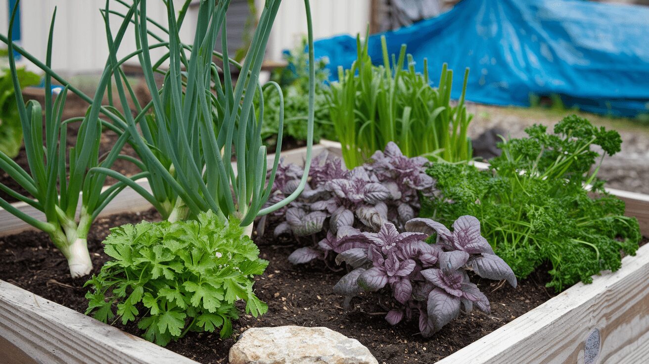 Onion as companion plant with other herbs in a raised bed