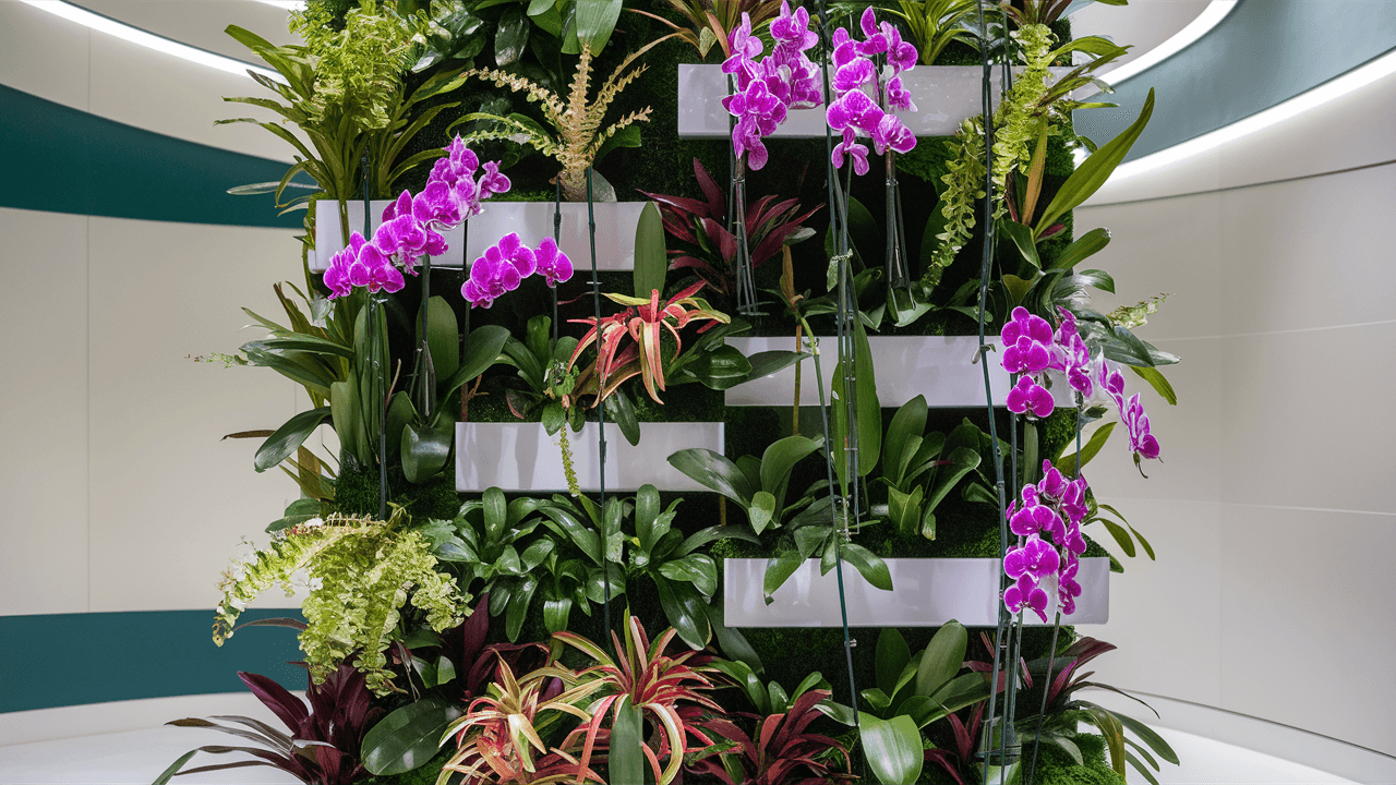 Orchids and bromeliads in a vertical garden setting Orchids-and-bromeliads-in-a-vertical-garden-setting