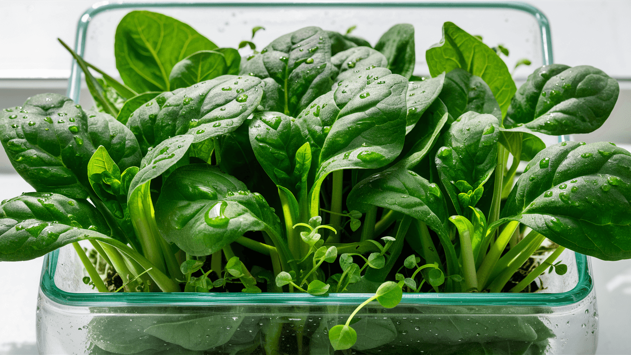 Spinach growing in a transparent glass pot