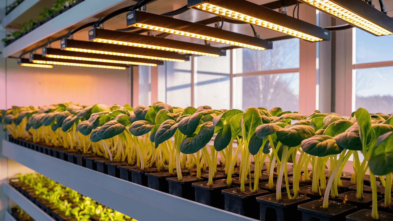 Spinach seedlings in grow lights