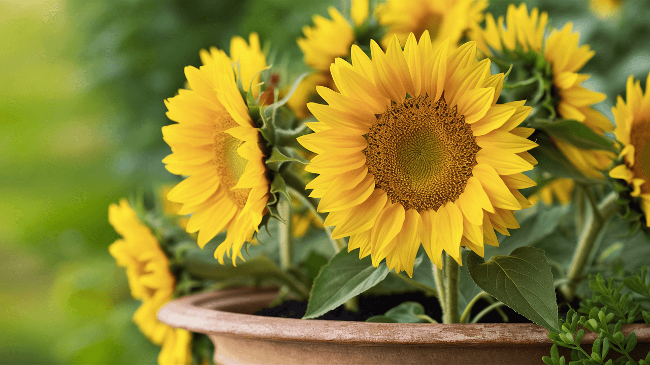 Sunflowers blooming in pot
