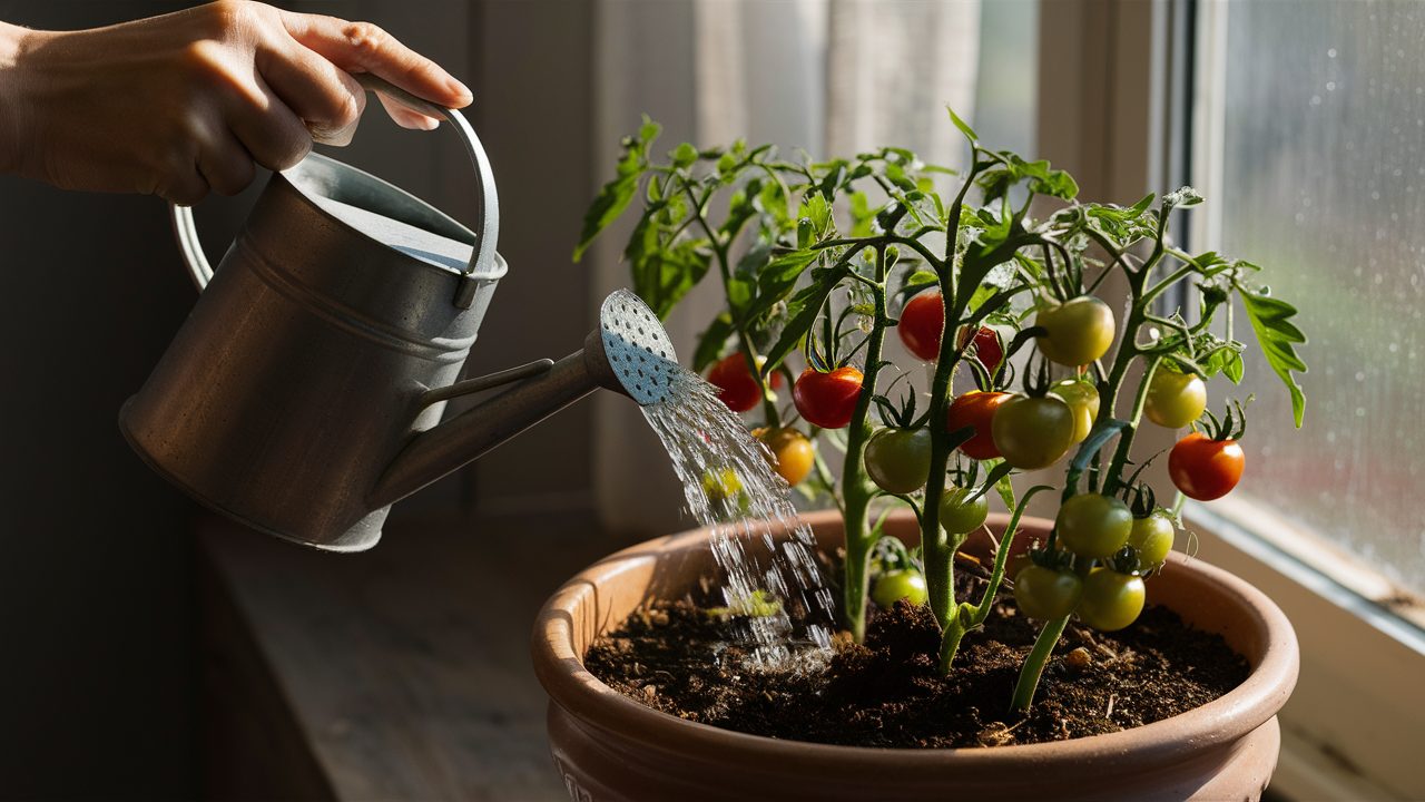 Watering-Cherry-Tomatoes-in-Containers