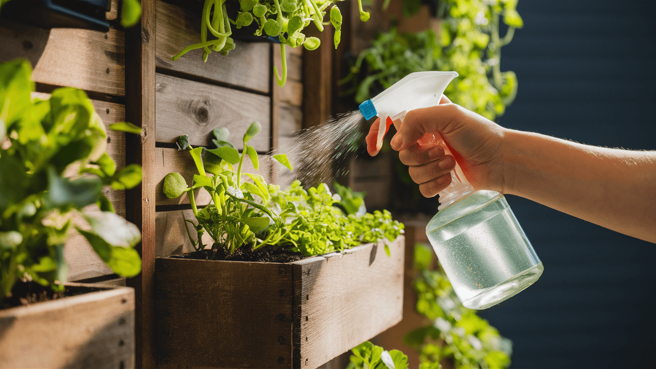 Watering-Indoor-Plants-in-wooden-box