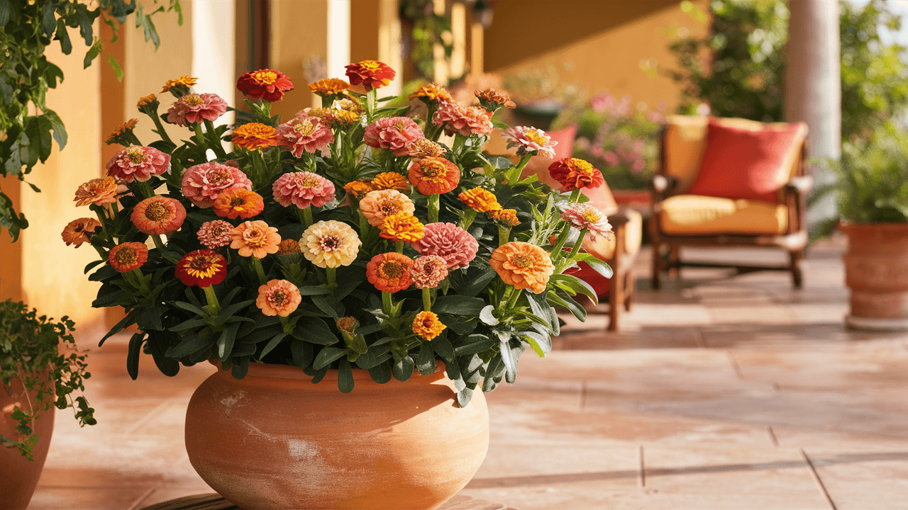 Zinnia-plant-in-a-pot-on-a-patio