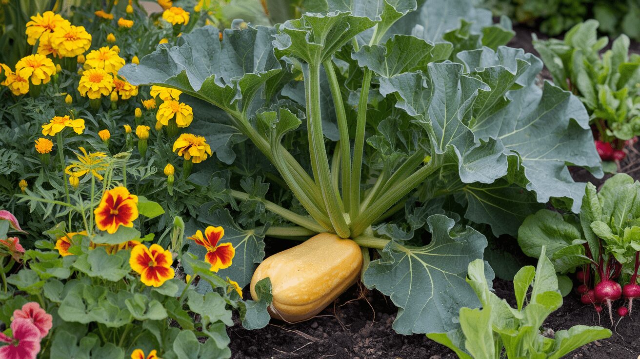 Marigolds and nasturtiums planted as natural pest repellant