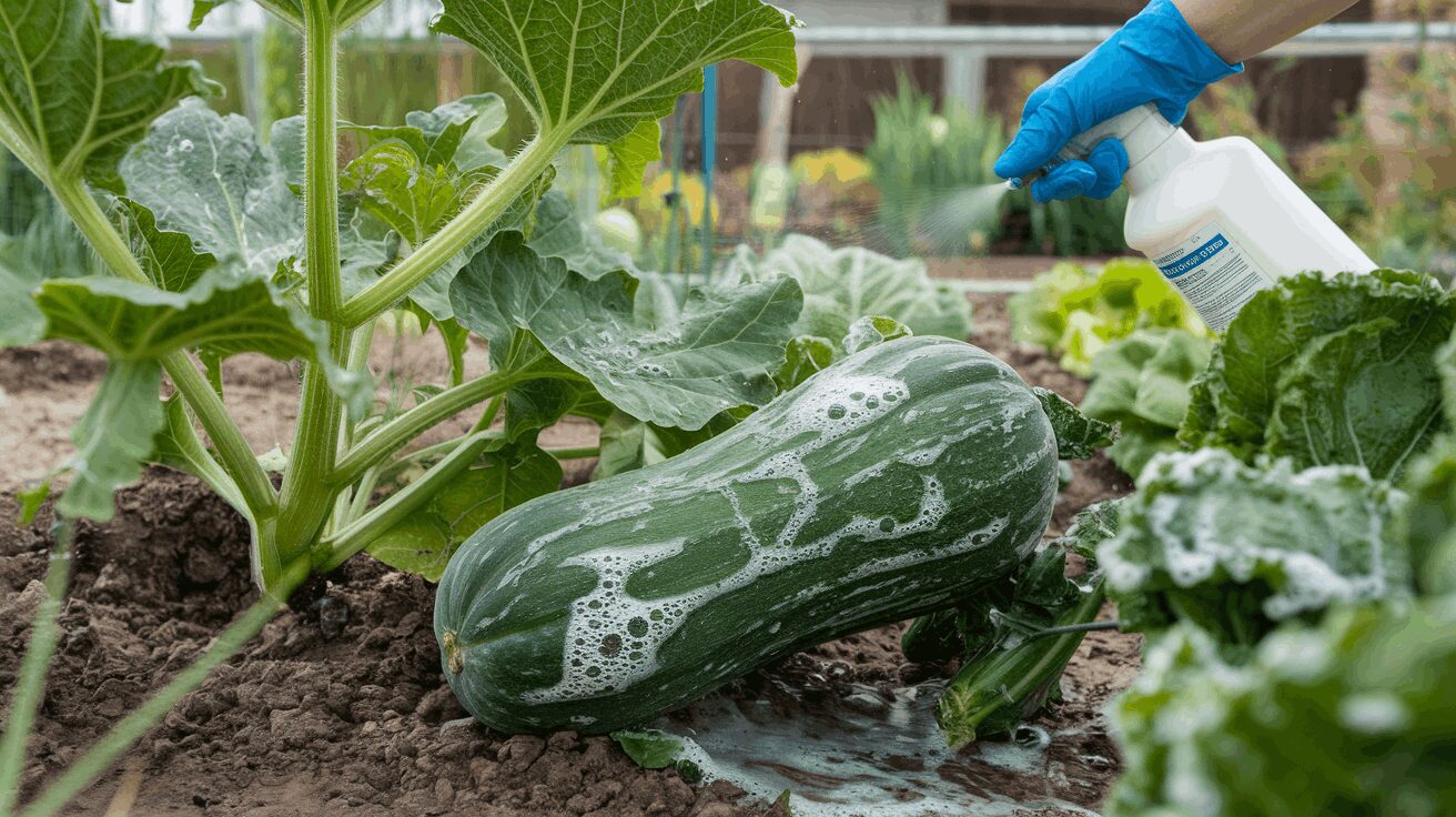 a-gardener-spraying squash and other vegetables against pests