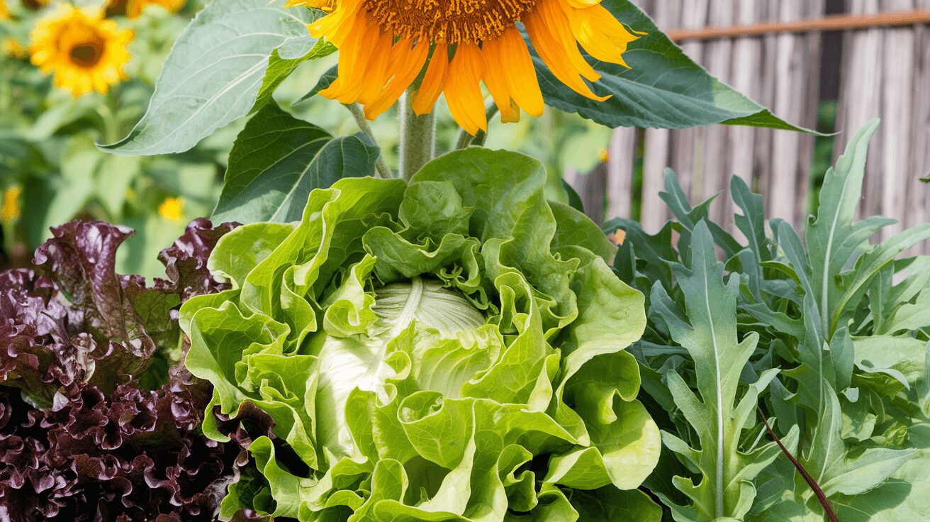 Garden bed with lettuce, arugula, and sunflowers planted together