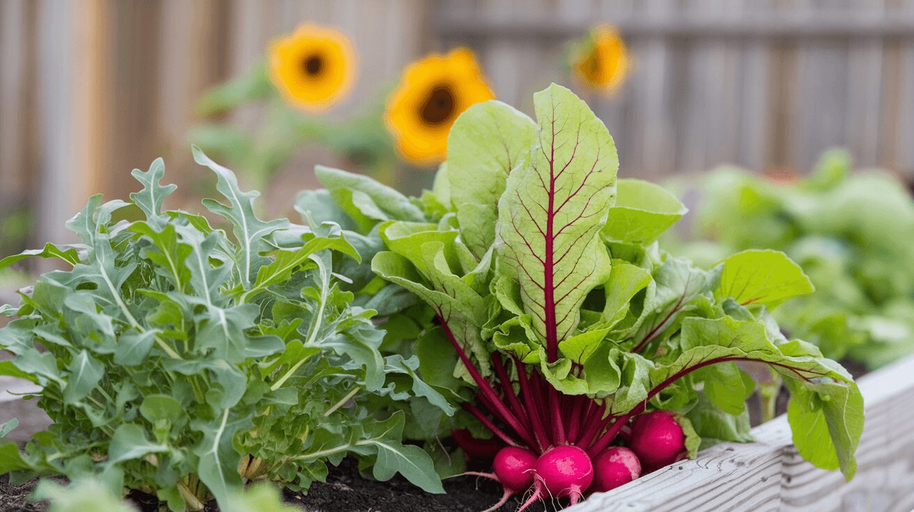 Arugula and radishes growing together with spinach as ground cover