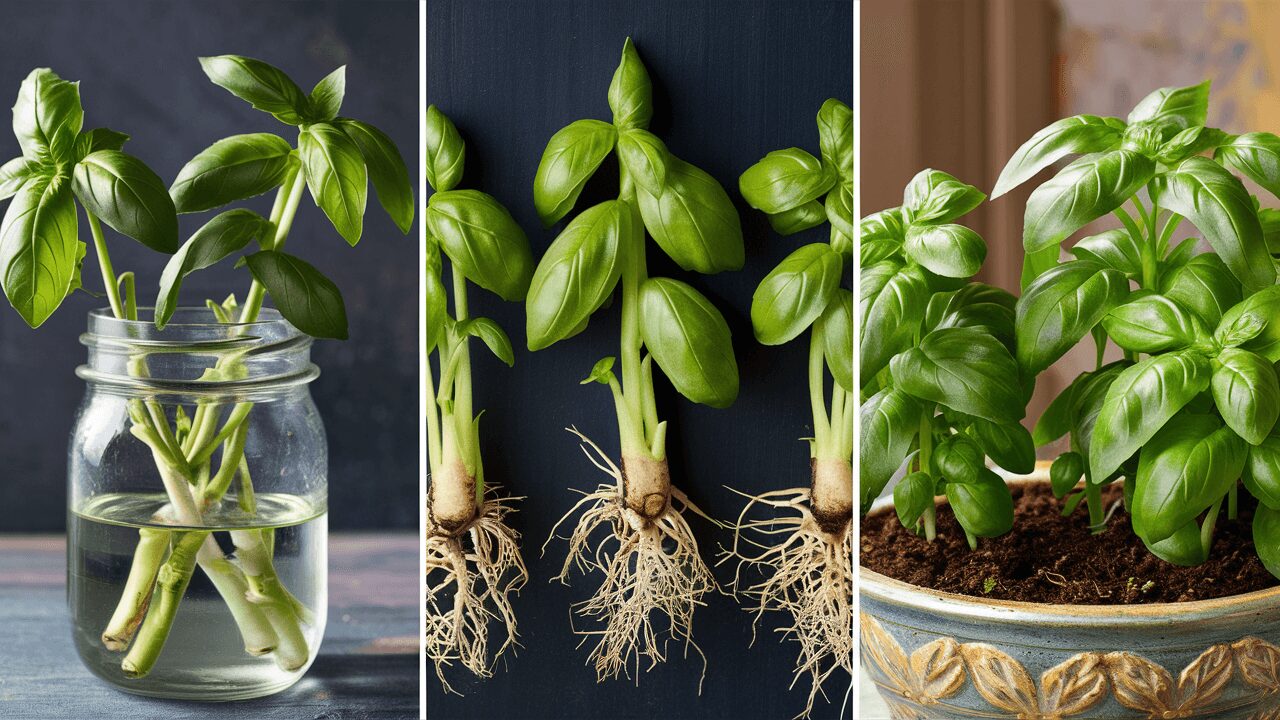 Newly rooted basil cuttings in water transplanted into soil for continued growth