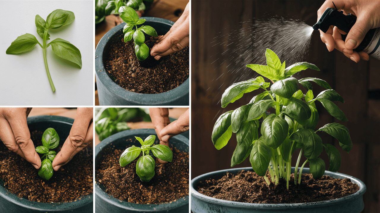 Basil cuttings propagating in soil, demonstrating proper planting technique