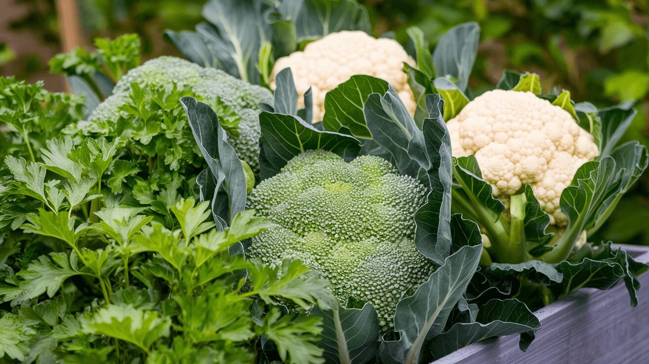 Broccoli and parsley with cauliflower in a companion planting setup