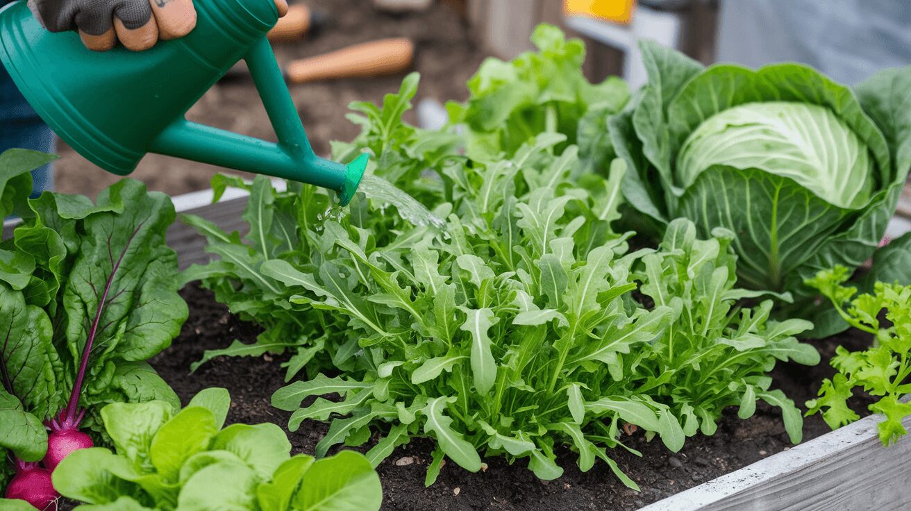 Gardener watering arugula with cabbage and radishes