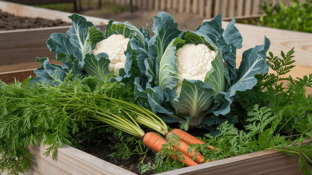 Carrot as companion plants with cauliflower in a garden bed.