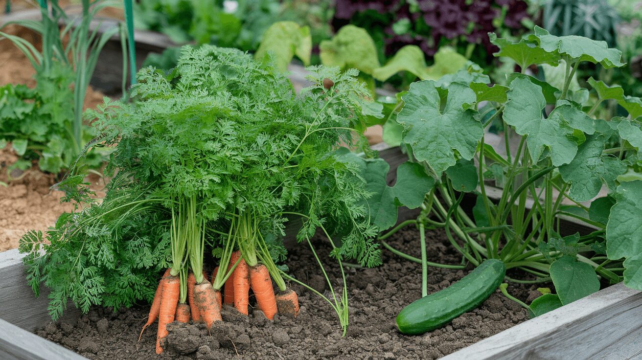Cucumbers and carrots as companion plants in a vegetable garden