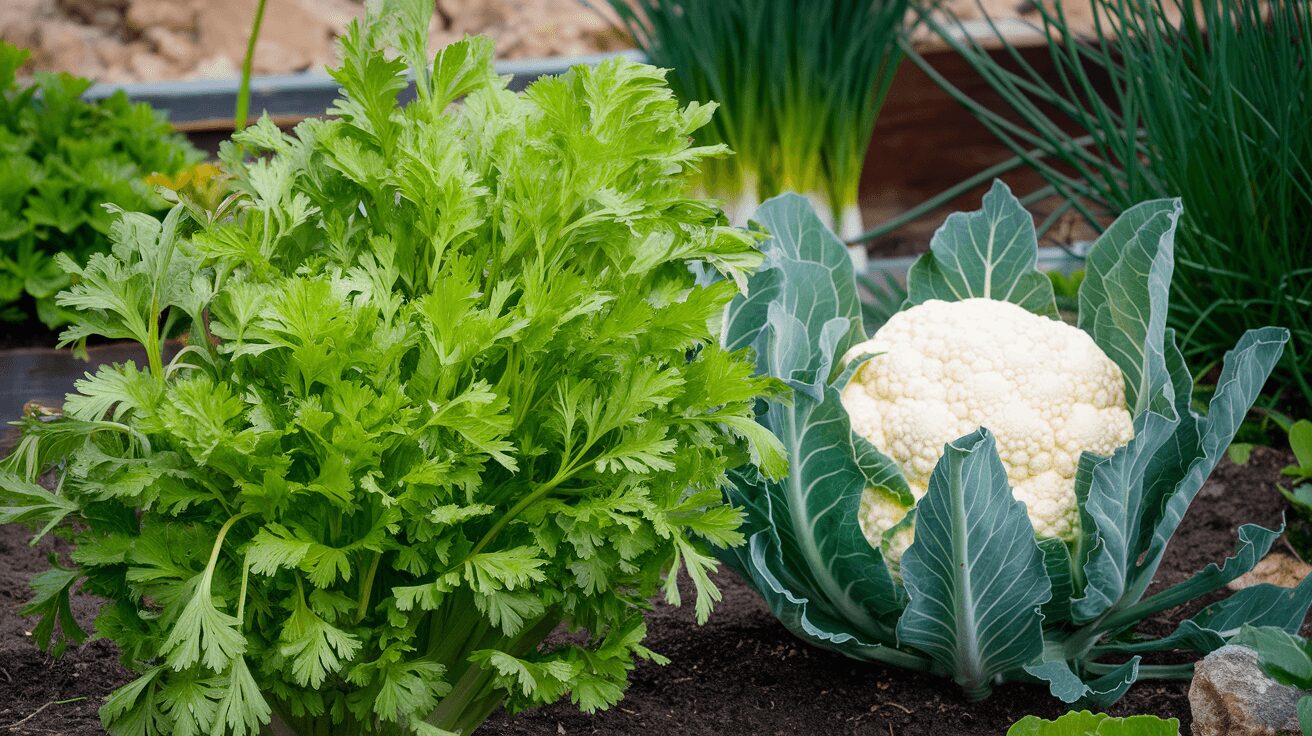 Celery and chives as companion herbs for cauliflower