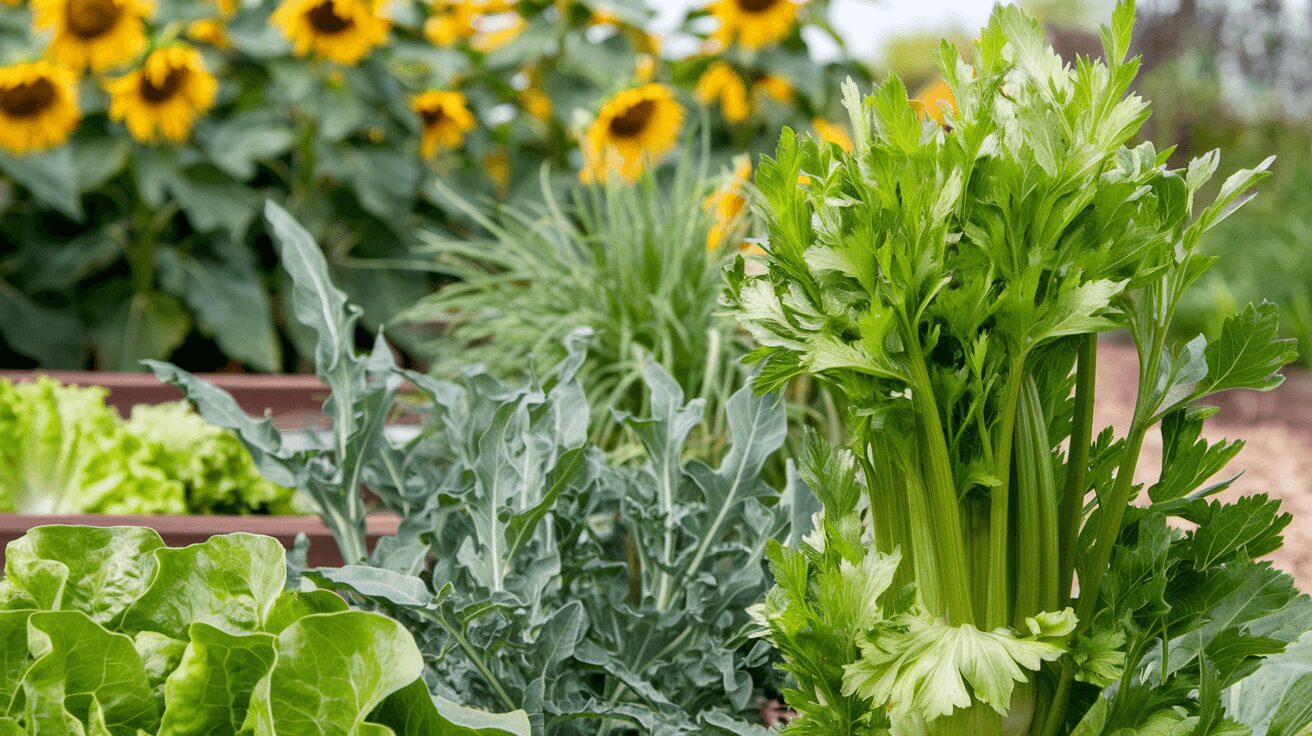Celery plant flourishing with Arugula in a companion planting setup