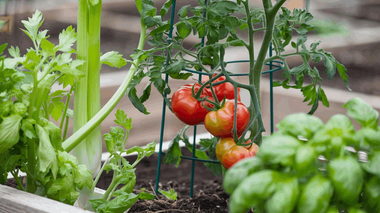 celery with tomato and basil Celery plant with tomato and basil companion plants in a raised bed