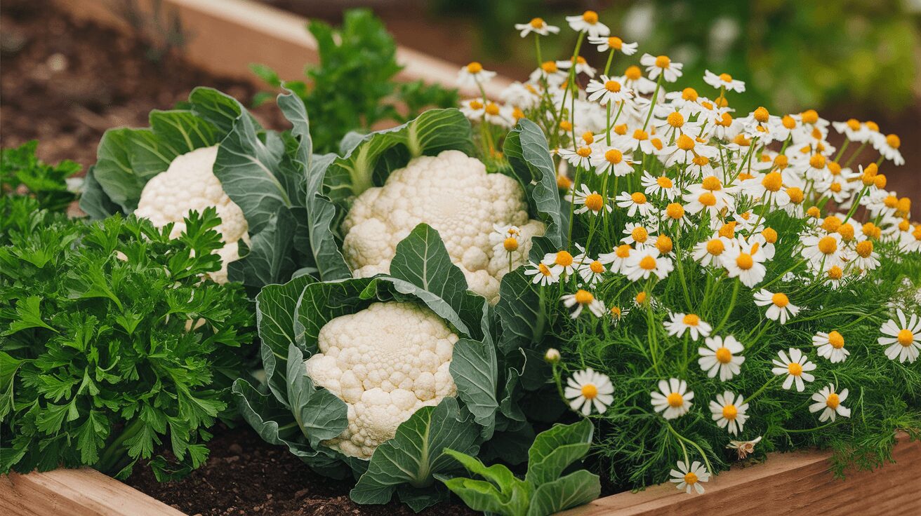 Chamomile flowers and cauliflower in a companion planting setup