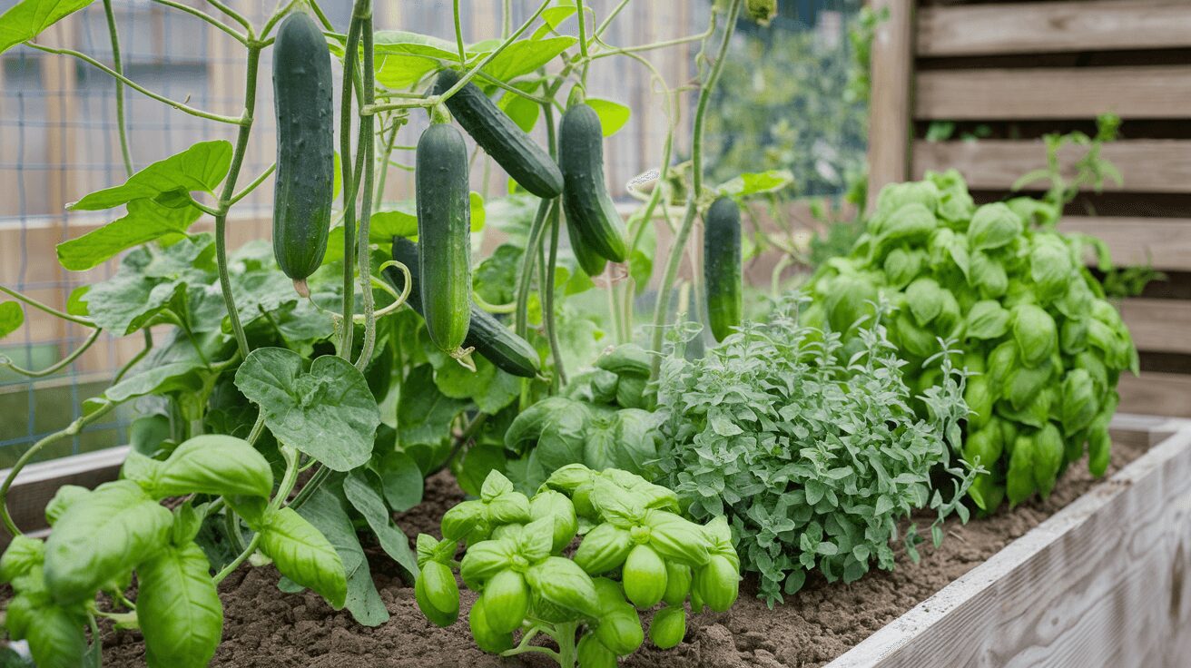 Cucumbers with herbs as companion plants in container gardening