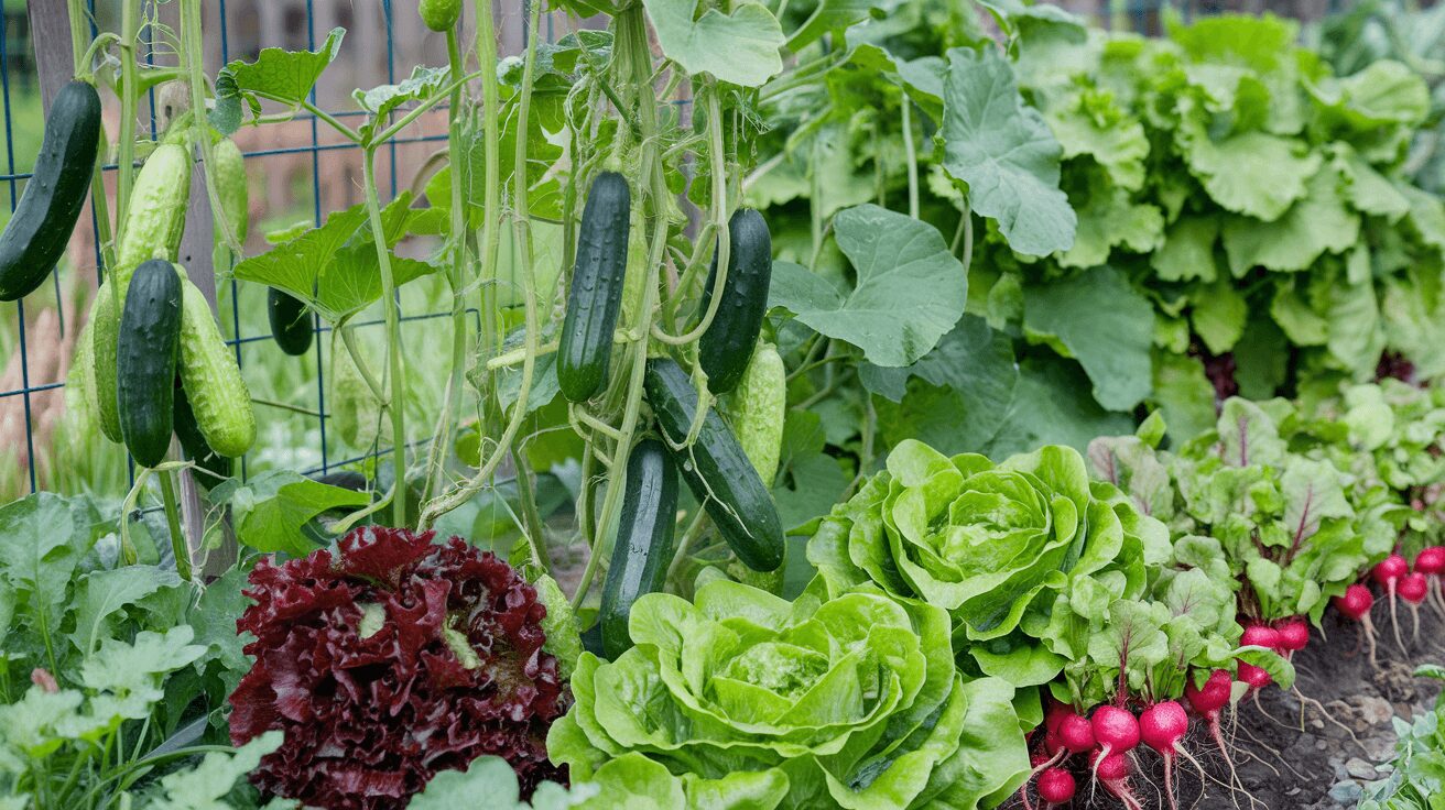 Spinach, Lettuce, cucumber vines, and radishes in Companion Plant Garden