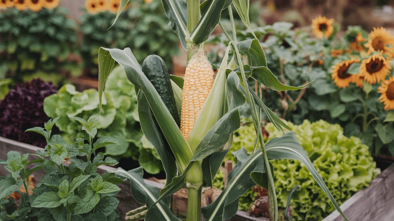 corn and sunflowers providing natural support for cucumbers